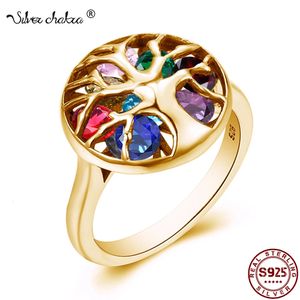 Silverchakra unika 18k guldfärgringar för kvinnor verkliga 925 Sterling Silver Ring Family Tree of Life Gemstone Fine Jewelry 240327