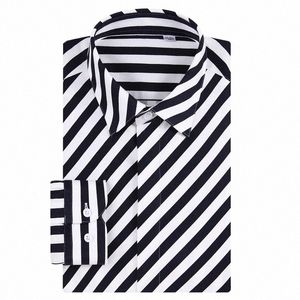 Homens Diagal Listrado Camisas de Manga LG Elegante Fácil Cuidado Dr Camisa Bumbum Escondido Confortável Fi Padrão Fit Camisas Masculinas 17mm #