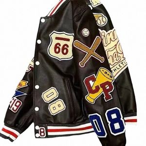 hiphop pu läderjacka män motorcykler flocking broderi lös cyklist baseballjackor unisex y2k high street racing coat c4ud#