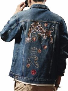 vintage tiger tungt broderi denimrock män förlorar multi ficklast jacka hip hop casual vårens höst jeans ytterkläder d5lt#