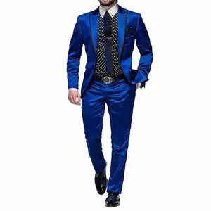 Chic Satin Men Suits High Quality Prom Party 2 Piece Formal Wedding Groom Tuxedo Fi Peak Lapel Suit Blazer With Pants W6SN#