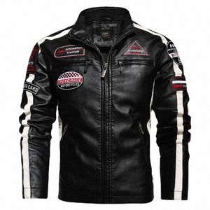 Herbst Winter Fleece Herren Motorrad Lederjacke Stickerei Racing Mantel Windjacke Outwear Kunstleder Bikerjacke o0tc #