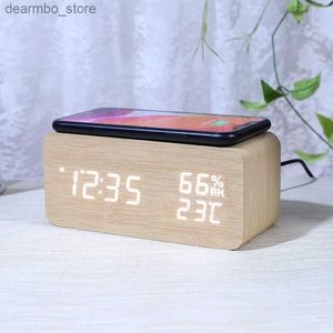 Orologi da tavolo da scrivania Termometro con display per la ricarica wireless del desktop, umidità della camera da letto, allarme in legno, numero 24327