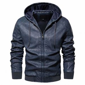 autumn Men's Hooded Leather Motorcycle Jacket Fi Slim Zipper Vintage Locomotive Faux Leather Jackets Blue Windbreaker Coat l75g#