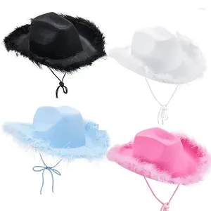 Berets Party Cowboy Hat For Women Cowgirl With Pink Feather Boa Fluffy Brim Adult Size Play Costume