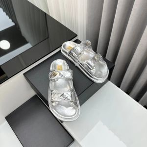 ss24 Black white Gold and silver leather luxury Daddy beach sandals women's slipper slides leather sandal womens Hook Loop casual shoes 35-42 with box and dust bag