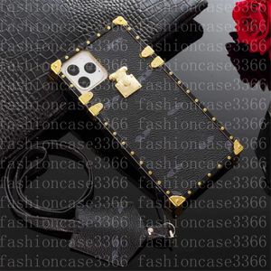 iPhone 15 Pro Max 14 Plus 13 12Pro 11 XR Galaxy S24 S23 S22 Ultra Girl Square Mobile Cover Fashion Pu Leather Case withストラップ付きの高級デザイナー電話ケース