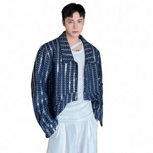 luzhen Denim Sequin Jacket Men's Short Coat Top 2024 Male Cardigan Fi Lg Sleeve Lapel Temperament Luxury Outerwear 87bf4e A62P#