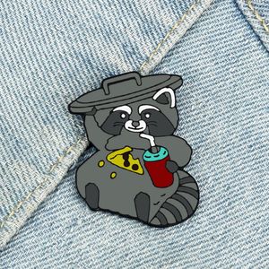 Cartoon Grey Fat Cat Badge Cute Drink Eat Pizza Animal Bear Emalj brosch ryggsäck hatt lapel stift tillbehör vänner barn gåvor