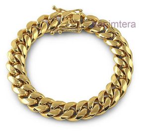 Solid 18k Gold Stainless Steel Mens Thick Heavy Miami Cuban Link Chain Bracelet 8mm-14mm Bracelets Men Punk Curb Double Safety Clasp