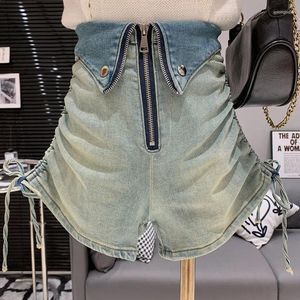 Kvinnors shorts vintage design stå upp krage dragkammare veck hög midja flicka sexig och fashionabla denim för kvinnor