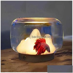 Aquariums Thickened Glass Fish Tank Snow Mountain Usb Night Lamp Ornaments Desktop Decoration Atmosphere Warm Lights Drop Delivery Dh0Sk