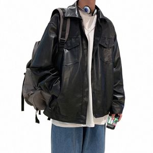 Black Faux Leather Jacket Men Autumn Mens Hip Hop Jacket Pu Leather Male Oversize Streetwear Korean Trend Jackets Coats I2EM#