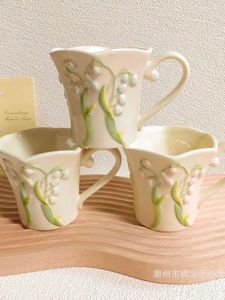 Mugs French Cream Wind High Temperature Hand Painted Relief 3D Of The Rings Ceramic Cup Coffee Afternoon Tea Household