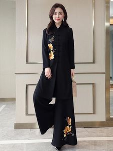 여자 2 피스 바지 중국 스타일 세트 여성 패션 전국 자수 넓은 다리 의류 빈티지 2024 슈트 컨쥬 션토 드 무지르