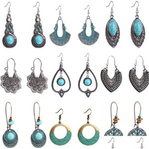 Charm Bohemian Dangle Drop Earrings For Women Vintage Turquoise Tassel Ethnic Retro Pendant Ear Hook Beach Party Jewelry Gift Deliver DHGLQ