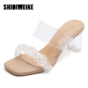 370 PVC Women Designer Transparent Slippers Perspex High Heels Summer Party Ladies Clear Band Crystal Flowers Shoes Plus Size 40 907