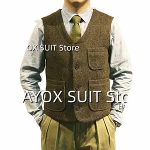 men's Suit Vest Single Breasted V Neck Multi Pocket Herringbe Sleevel Jackets Steampunk Wedding Prom Chalecos 90Vx#