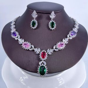 Necklace Earrings Set 2024 Fashion GREEN BLUE Oval CZ Zircon Earring Wedding Bride Banquet Party Dressing