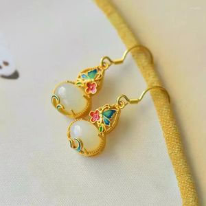 Dangle Earrings Natural An Jade White Gourd For Women Ancient Gold Craft Enamel Butterfly Exquisite Chinese Style Earings Jewelry