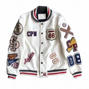 Buchstabe Schwerindustrie bestickte Baseballuniform Explosiver Stil Baseballuniform Herren Retro Trend Lederjacke Weißer Mantel 46UJ#