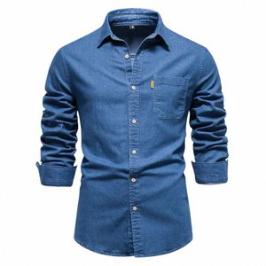 Wiosna i jesień Fi Męskie odzież Elastyczna Catm Coth Classic Blue Denim Shirt Lapel Solid Kolor swobodny sport