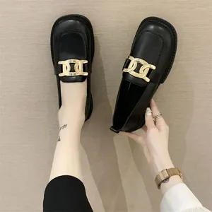 Casual Shoes Round Toe Normal Leather Low Heel Elegant For Woman 2024 Black Women's Summer Footwear Loafers Non Slip Stylish Y2K