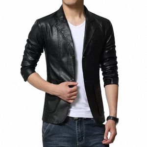 2023 Fi New Men's Casual Boutique Terno Jaqueta de Couro / Masculino Cor Sólida Busin Collar PU Blazers Lg Sleeve Dr Coat g6Wy #