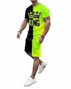 Летний мужской спортивный костюм King Повседневная футболка с 3D принтом Комплект из 2 предметов Негабаритный костюм Спортивная одежда Дышащая уличная мужская одежда с круглым вырезом r6sN #