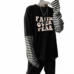 boys Girls Trendy Unisex T Shirt Slogan Letter Faith Over Fear Lg Sleeve Tees Shirts Classic Striped Loose Casual T-shirt S2ZJ#