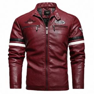 Autumn Winter Men's Leather Jacket Drive Motorcykelrock FI Embrodery Faux Leather Zipper Outwear Windproof Windbreaker V1ep#