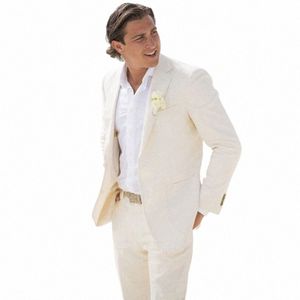 Linho Praia Casamento Smoking Verão Slim Fit Homens Ternos para o Noivo 2 Peças Masculino Fi Set Entalhado Lapela Jaqueta com Calças 2024 V2Nl #