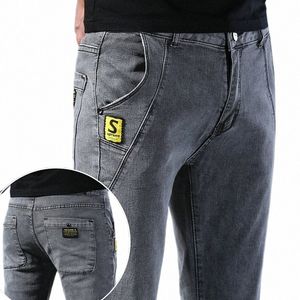 men's Grey Jeans Casual Stretch Slim Small Foot Lg Denim Pants Fi Versatile Design Daily Trousers 18Xz#