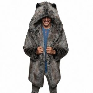 winter Faux Fur Coat Men Hooded High Street Loose Casual Warm Lg Jacket Windbreakers Mens Fake Fur Coat Overcoat Mens Clothing A1vj#