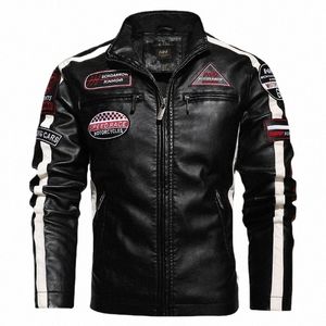 Autumn Winter Fleece Men's Motorcykel läderjacka broderi racing kappa vindbrytare outwear faux läder cyklist jacka l9ef#