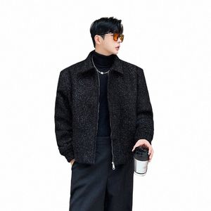 Noymei Men's Persality Bright Silk Korean Style Casual Thicked Woolen Coat Black Turn-Down Collar Winter Short Jacket WA3290 40SG#