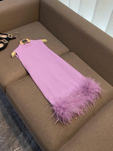 Spring Summer Black / Pink Solid Color Panelled Feather Dress Sleeveless Stand Collar Short Casual Dresses O4J271616