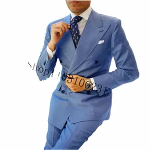 Blue 2 sztuki Linen Men Suits na ślub Slim Fit Groom Tuxedos Niestandardowe męskie garnitury Blazer Pants Kostium Homme 70GJ#