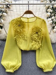Blusas femininas singiny primavera solta blusa de cetim feminino o pescoço mangas compridas sheer boêmio topo 2024 transparente 3d floral camisa casual