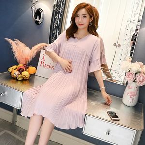 Summer Loose Chiffon Maternity Dress Pleated Short Sleeve Casual Plus Size 240326