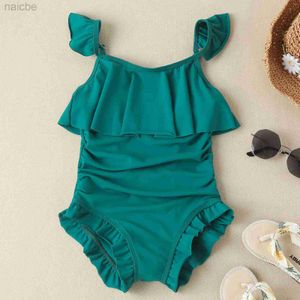 One-Pieces Solid Swimsuit Kids Girls One Piece Sleeveless Bikini Girls Green Bodysuit Ruffles Bathing Suit Swimwear Monokini Beachwear New 24327