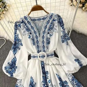 Casual Designer Dresses Women Bohemian Dress Spring Summer Print Long Lantern Sleeve Neck Corset Slim Button Pleated Vacation 657