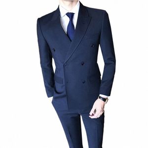 spring/summer Navy Blue Wedding Suits Slim Fit Grooms Double Breasted Coat Pants 2 Pieces Busin Evening Party Man Clothing C064#