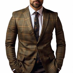 men Suit Coat Formal Busin Style Slim Fit Plaid Print Lg Sleeve Single Butt Closure Mid Length Straight Cardigan Work Coa W8dN#