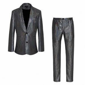 Mens Lantejoulas Checkered Suit Brilhante Slim Fit Two Piece Suits Blazer + Pant Solid Color Party Busin Casual Suit Set Stage Costumes p4LT #