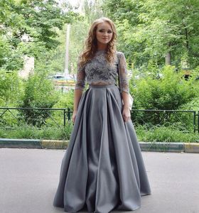 2017 New High Neck Grey Two Pieces A Line Evening Dresses Elegant Half Long Sleeves Floor Length Formal Prom Party Gowns1039735