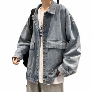 giacca di jeans da uomo Giacca di jeans da uomo alla moda con colletto a bavero tasche con patta Cappotto casual primavera / autunno per un look alla moda per gli uomini k02h #