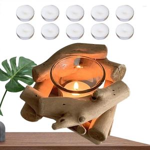 Mum Tutucular Tealight Tutucu Cam fincan Romantik Drift Ahşap Çay Işığı Standı Masa Merkez Parçası 10 Mum Dalgalı Ağal Dekoru