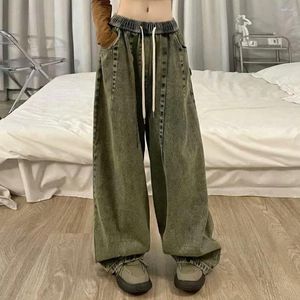 Kvinnors jeans denim byxor vintage brett ben med elastisk midja djupa grenfickor streetwear mode för hiphop stil män