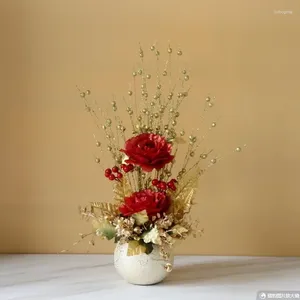 VASESヨーロッパの贅沢なセラミック花瓶シミュレーションローズシルク偽の花ホームリビングルームテーブル家具工芸品エルアクセサリー装飾